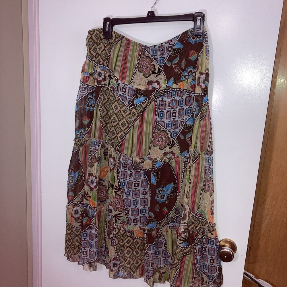 Studio 1940 Skirt Women Medium Boho Patch Teal Brown Maxi Long Tiered